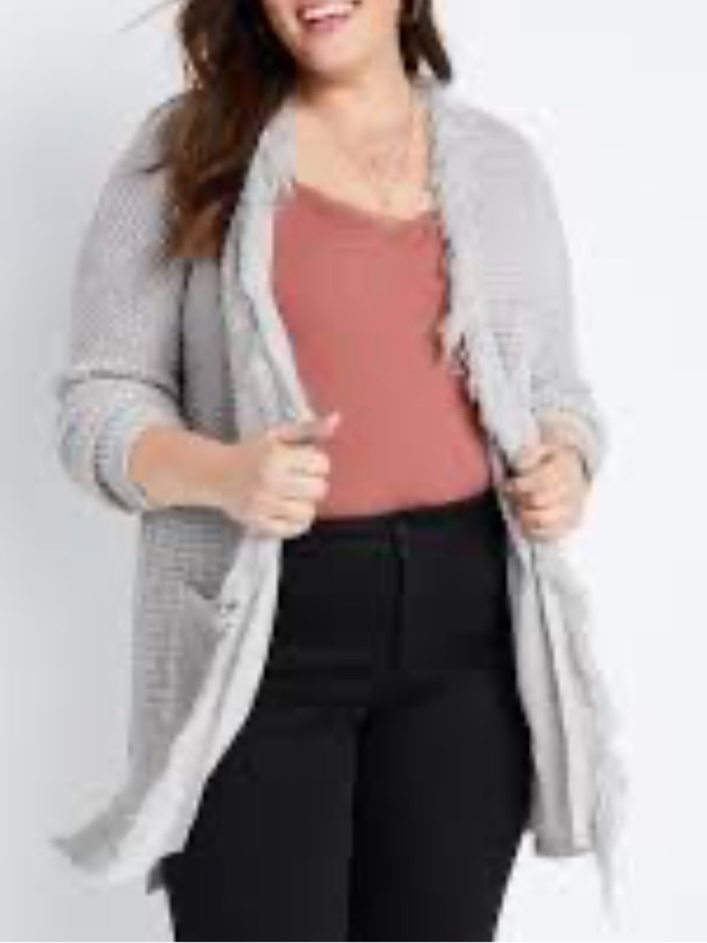 Maurices Light Gray Fringe Open-Front Knit Cardigan
